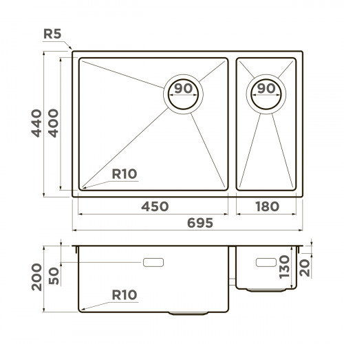 Кухонная мойка Omoikiri Taki 69-2-U/IF-L Side-GB нерж. сталь/графит, 4997050
