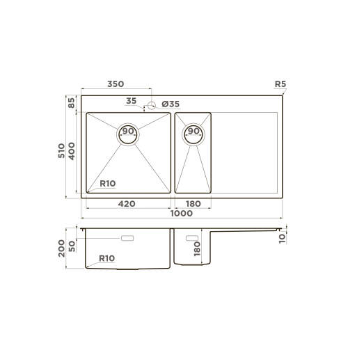 Кухонная мойка Omoikiri Akisame 100-2-L-GM нерж. сталь/вороненая сталь, 4973103