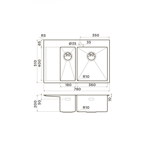 Кухонная мойка Omoikiri Akisame 78-2-R-GM нерж. сталь/вороненая сталь, 4973102